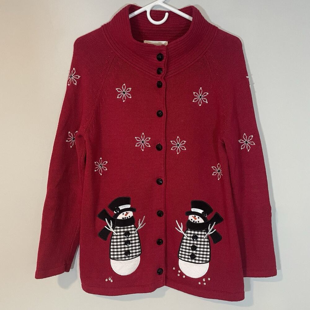 Mandal Bay Red Snowman Embroidered Cardigan Sweater Medium Snowflakes Christmas